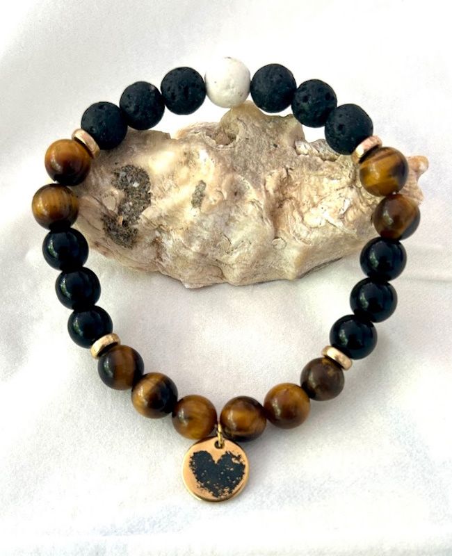 Perlenarmband Tigerauge und Lavasteine als Paararmband mit Charm